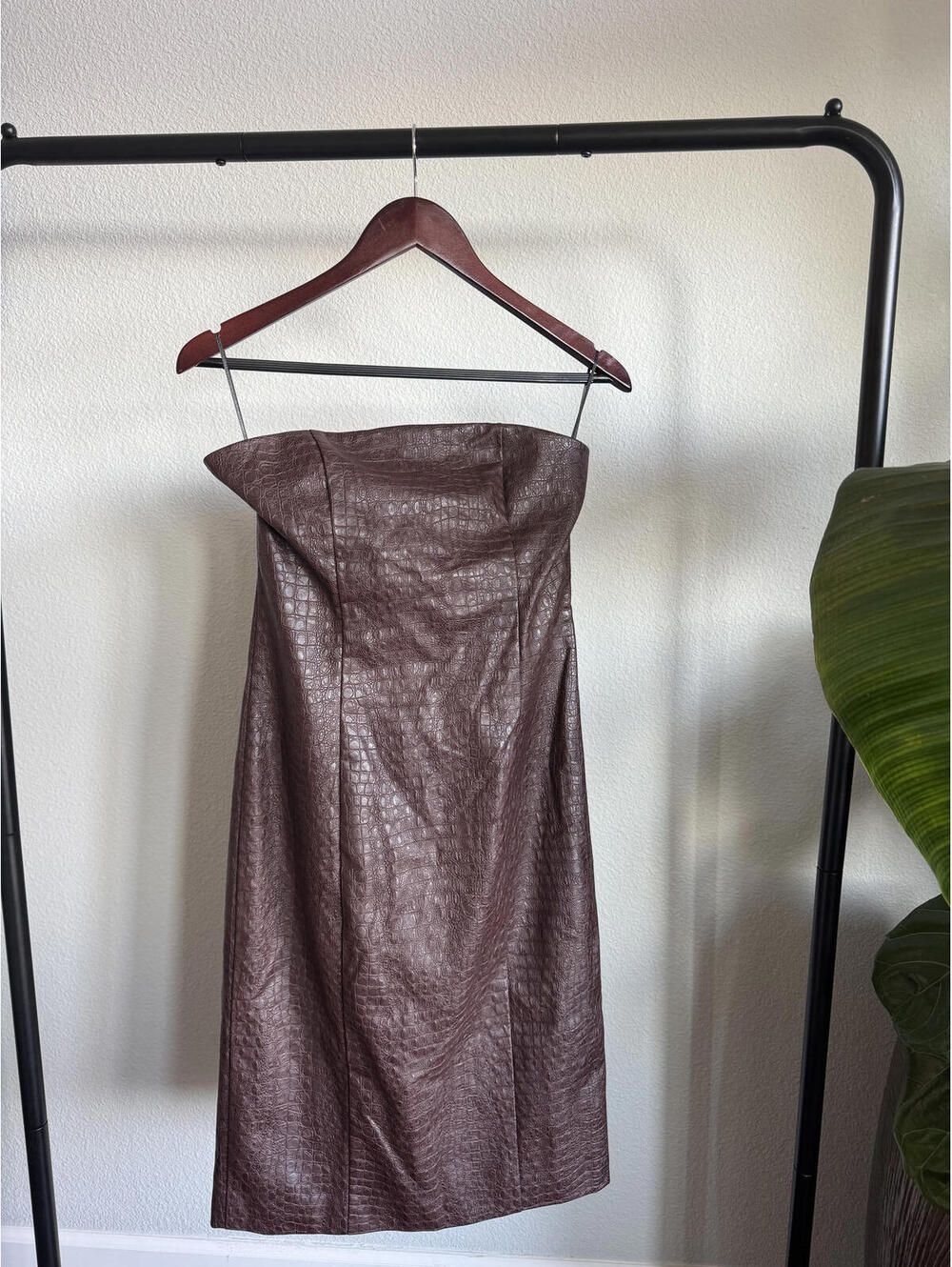 7 For All Mankind Brown Croc Embossed Faux Leather Strapless Midi Dress S NWT